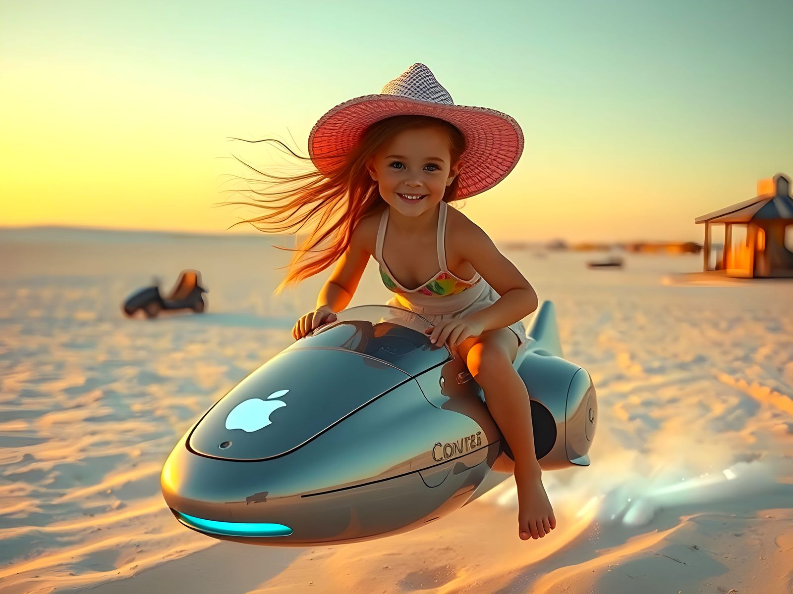 Girl Rides Futuristic Glider on Retro Beach