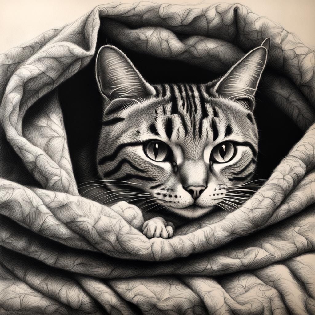 Cozy Cat in Blanket: Hyperdetailed Charcoal Art