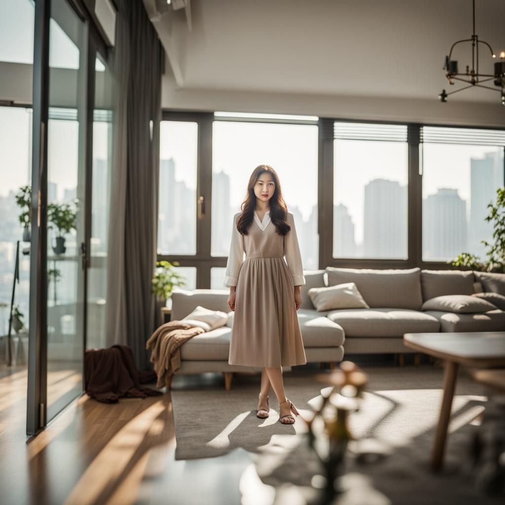 Korean Living Room with Woman in Professional Photo