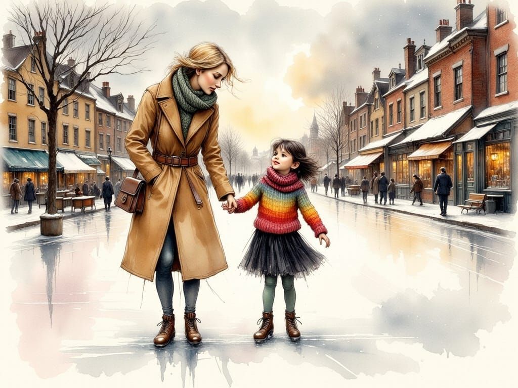 Grandmother and Granddaughter Skating: Whimsical Ink Art