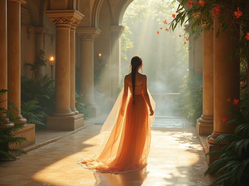 Medieval Maiden in Diaphanous Silk, Basked in Golden Light