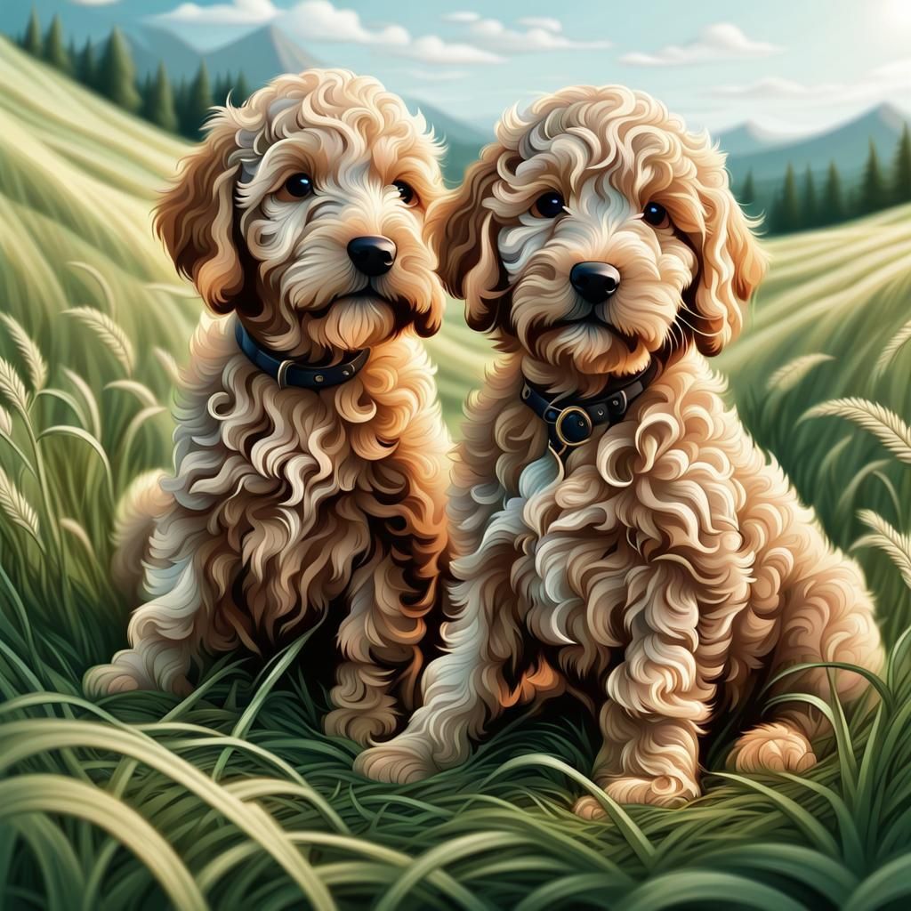 Golden Doodle Puppies in Field with Fractal Elements