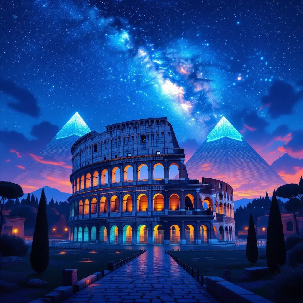 Colosseum Between Glowing Pyramids Under Cosmic Sky