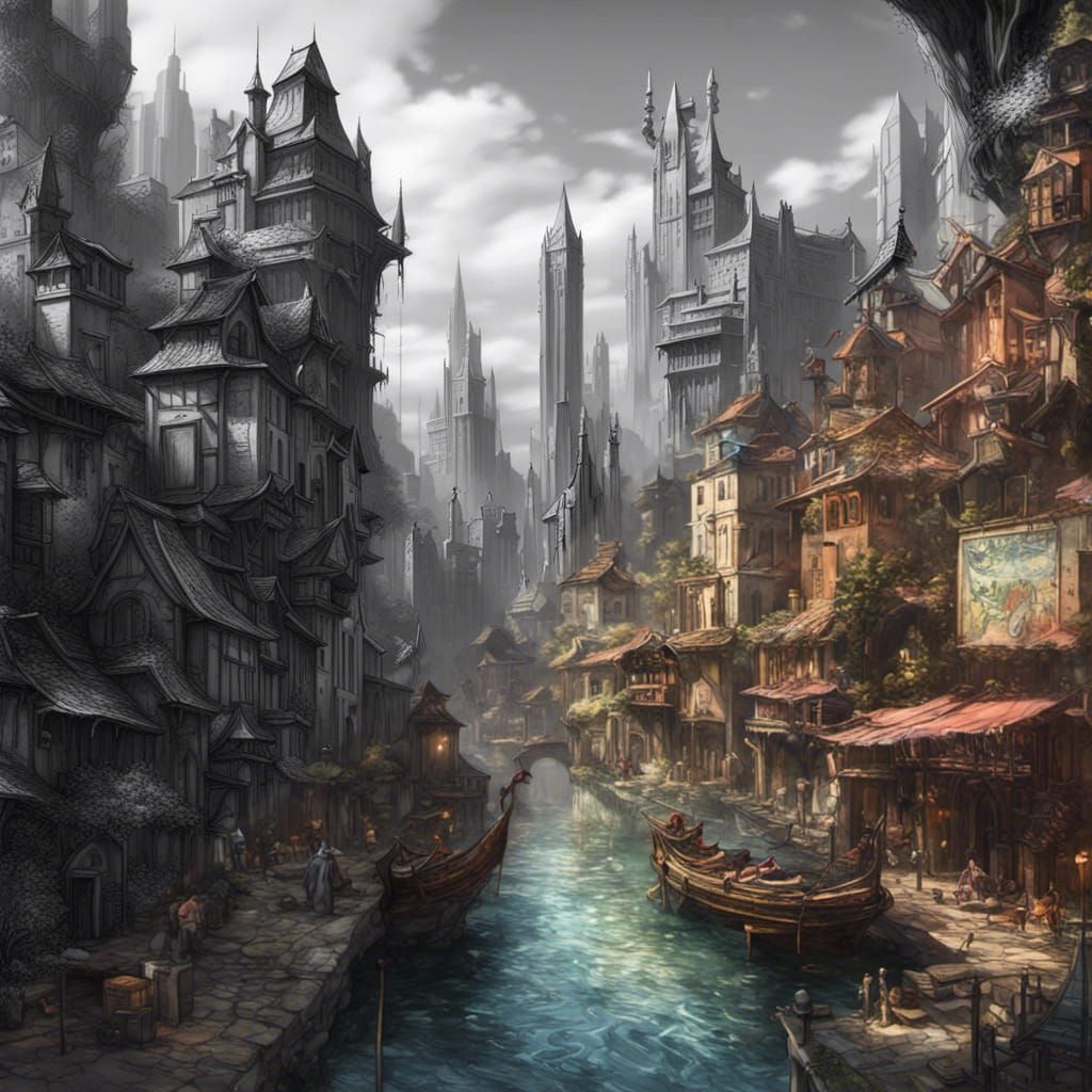 Fantastical City Colored Drawing in Unreal Engine 5