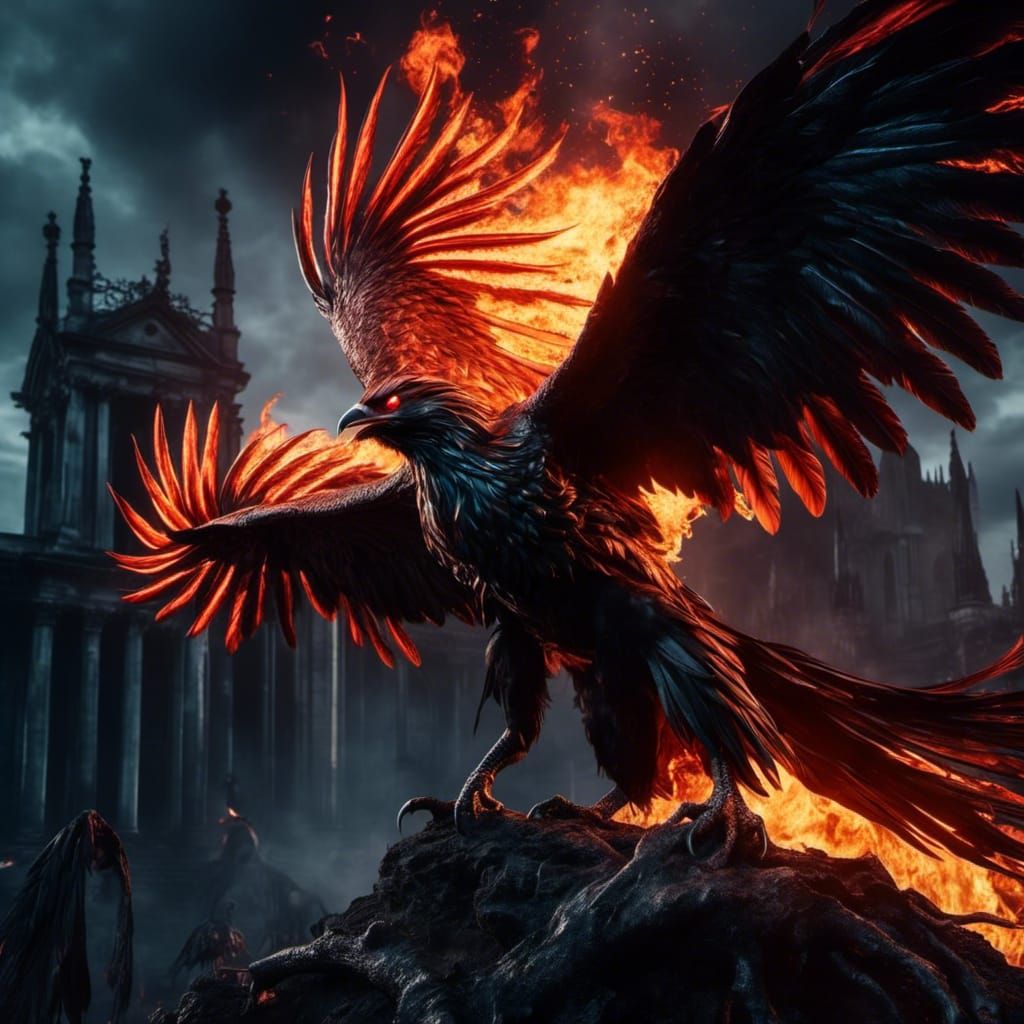 Aggressive Flaming Phoenix Bird with Bloody Eyes