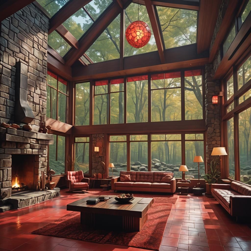 Usonian Living Room with Stained Glass, Digital Matte Painti...
