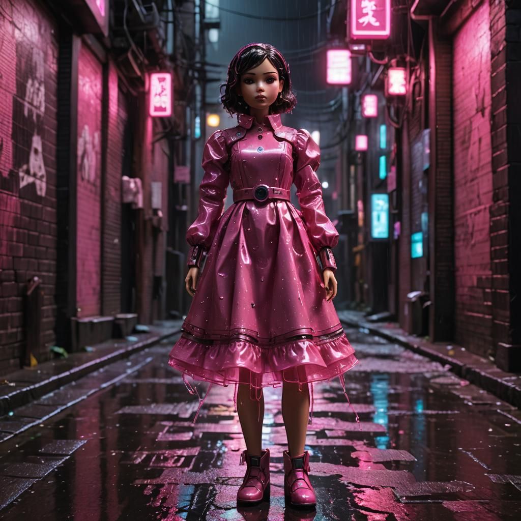 Mechanical Doll in Neon-Noir Alleyway, Sci-Fi Illustration