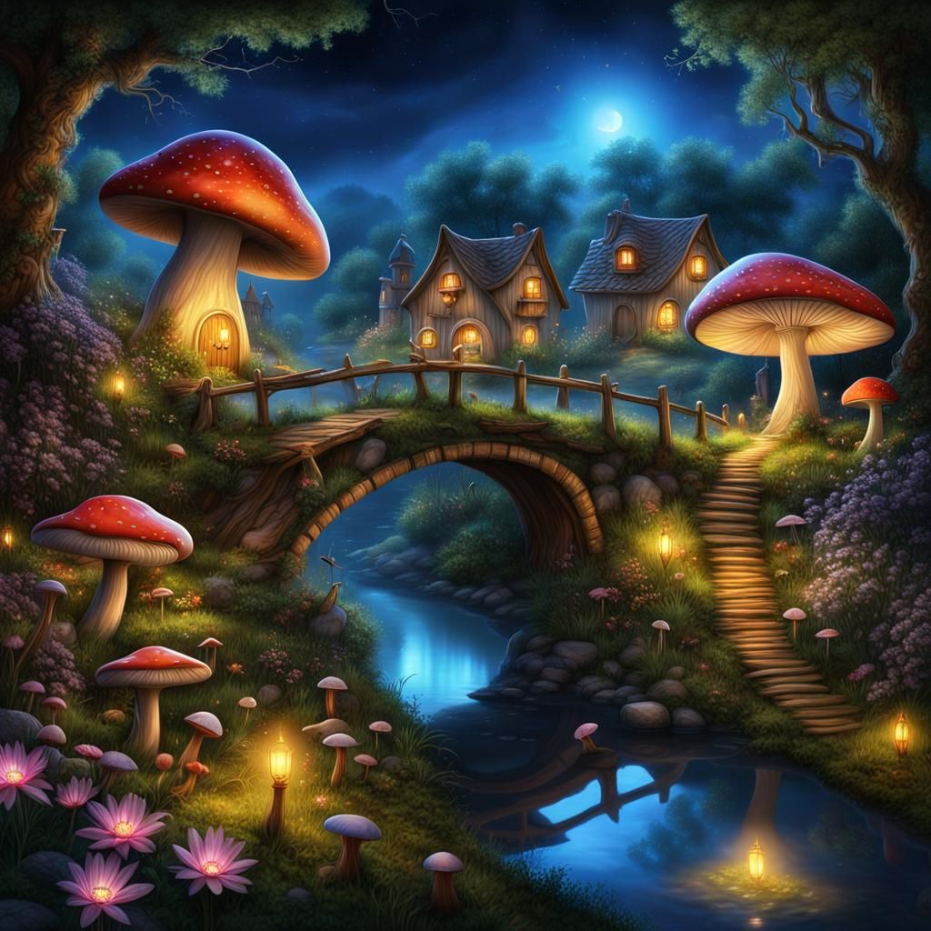Enchanted Fairy Village with Luminous Mushrooms