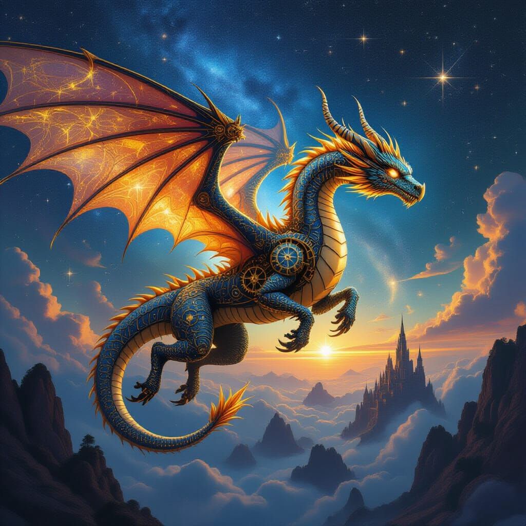 Celestial Clockwork Dragon Soaring Through Astral Plane