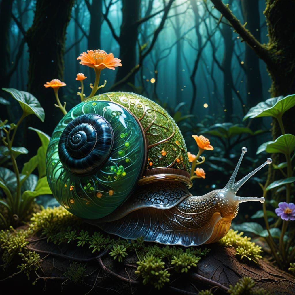 Glowing Jade Snail Shell in a Night Forest