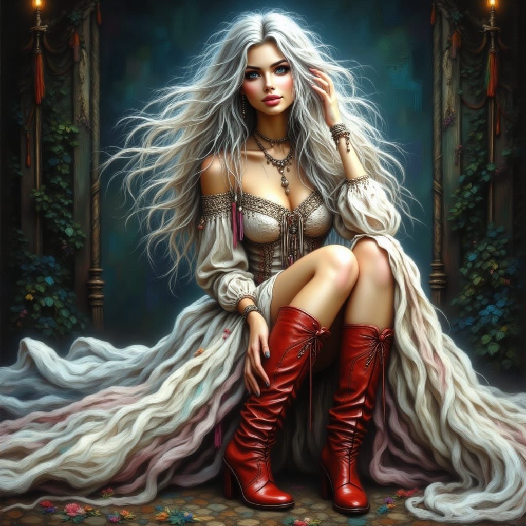 Elegant Elf in White Silk Dress with Pearl Embellishments