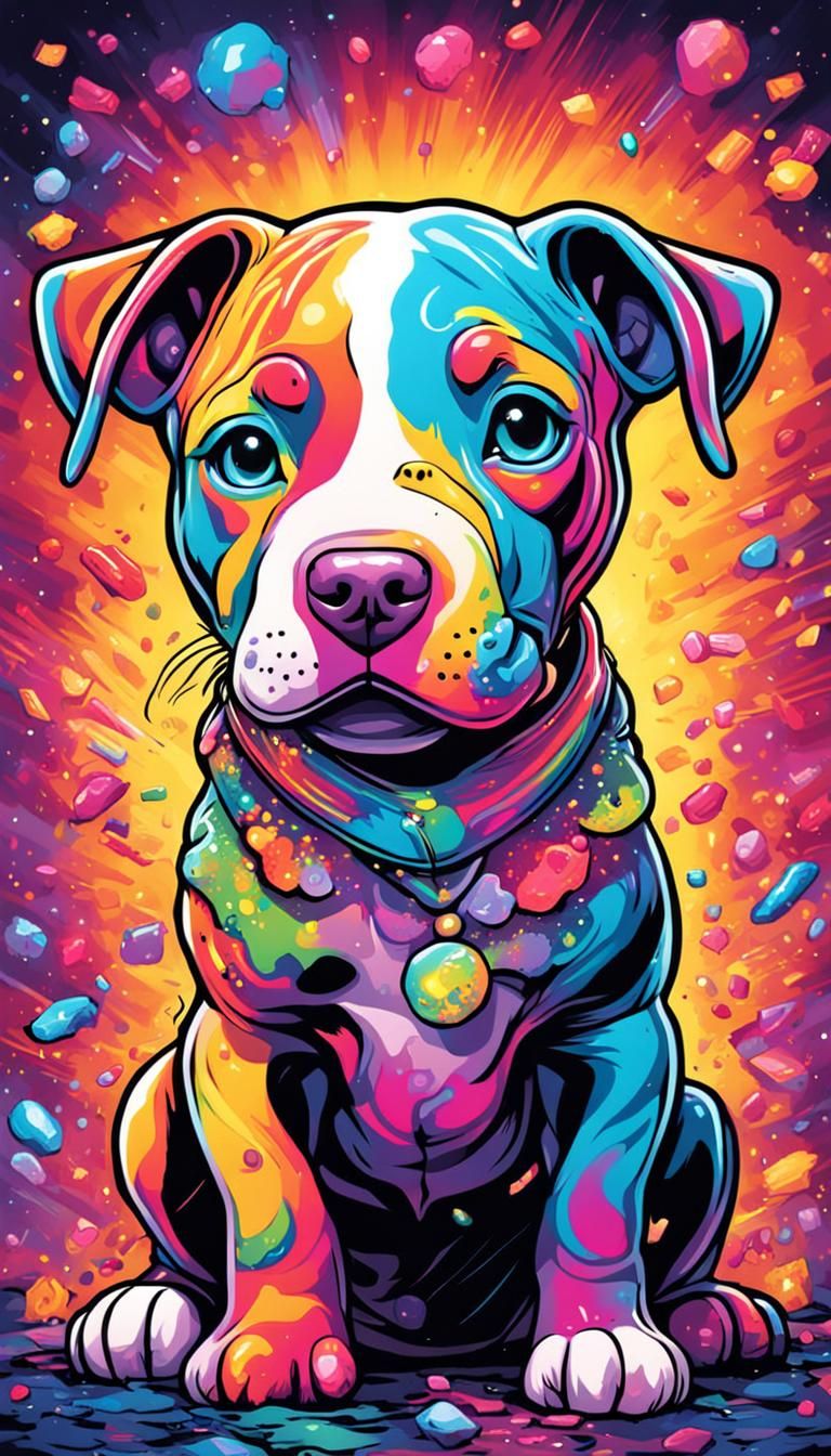 Lisa Frank Style Pitbull Puppy Comic Art