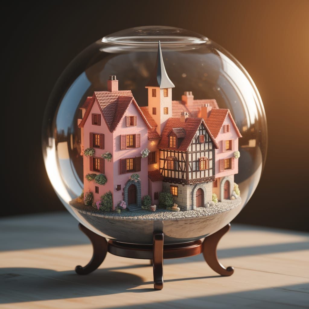 Medieval Village in Glass Orb Bathed in Golden Light