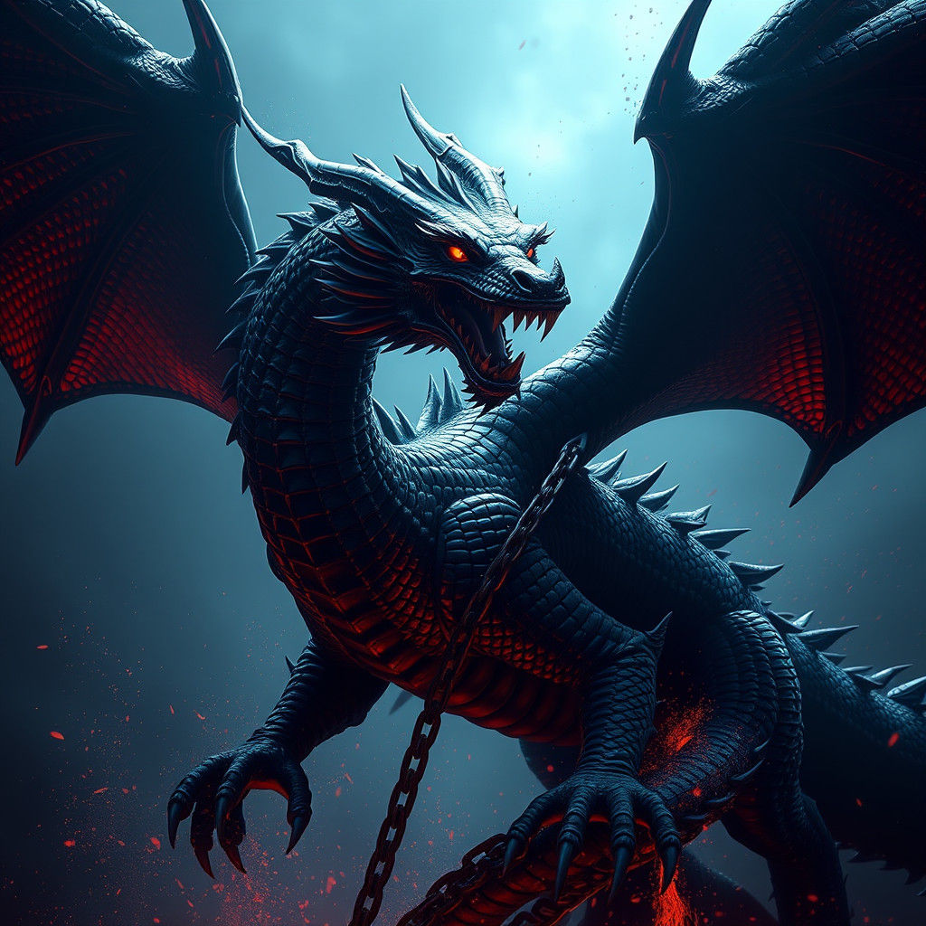 Chained Black Dragon in Detailed Matte Painting