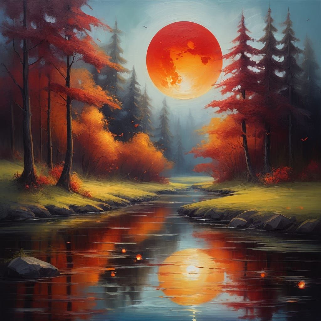 Surreal Forest Scene Under a Glowing Red Moon