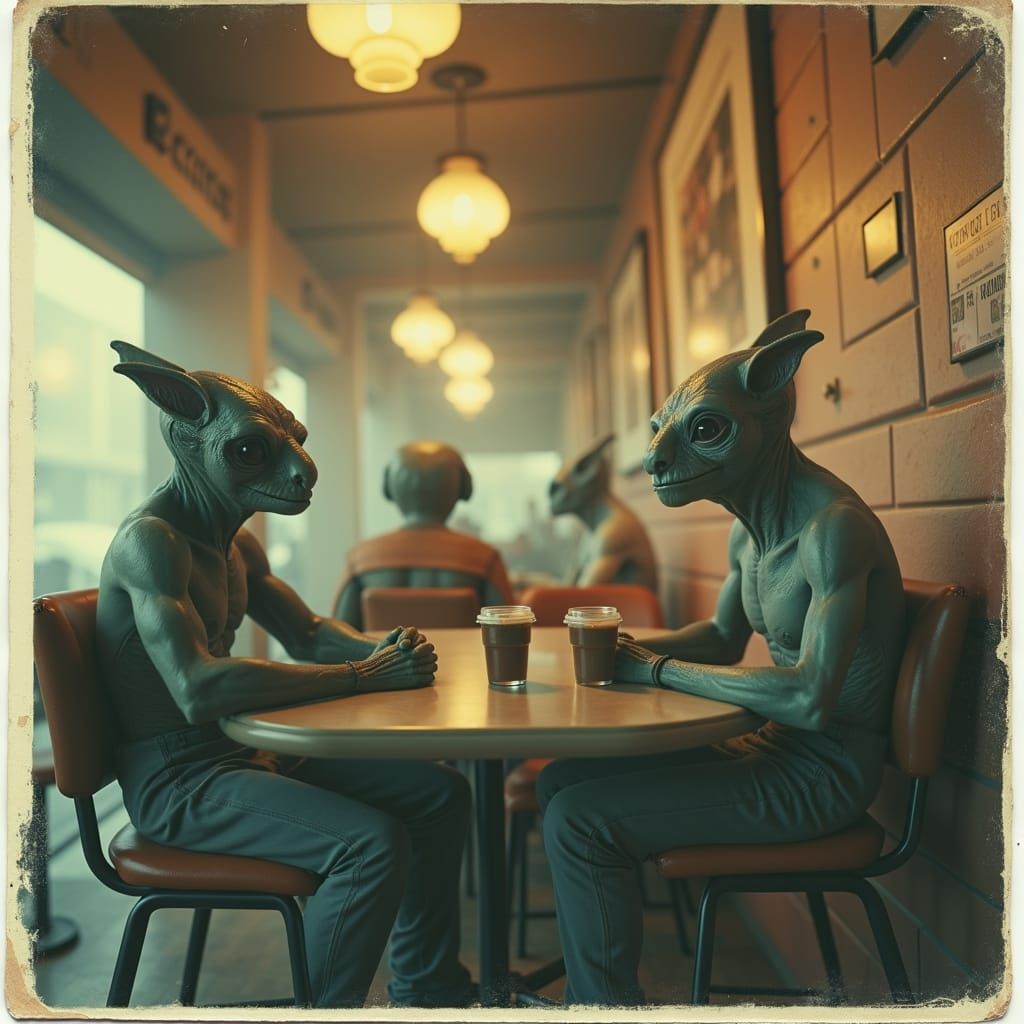 Alien Coffee Shop: Retro Sci-Fi Polaroid Photo