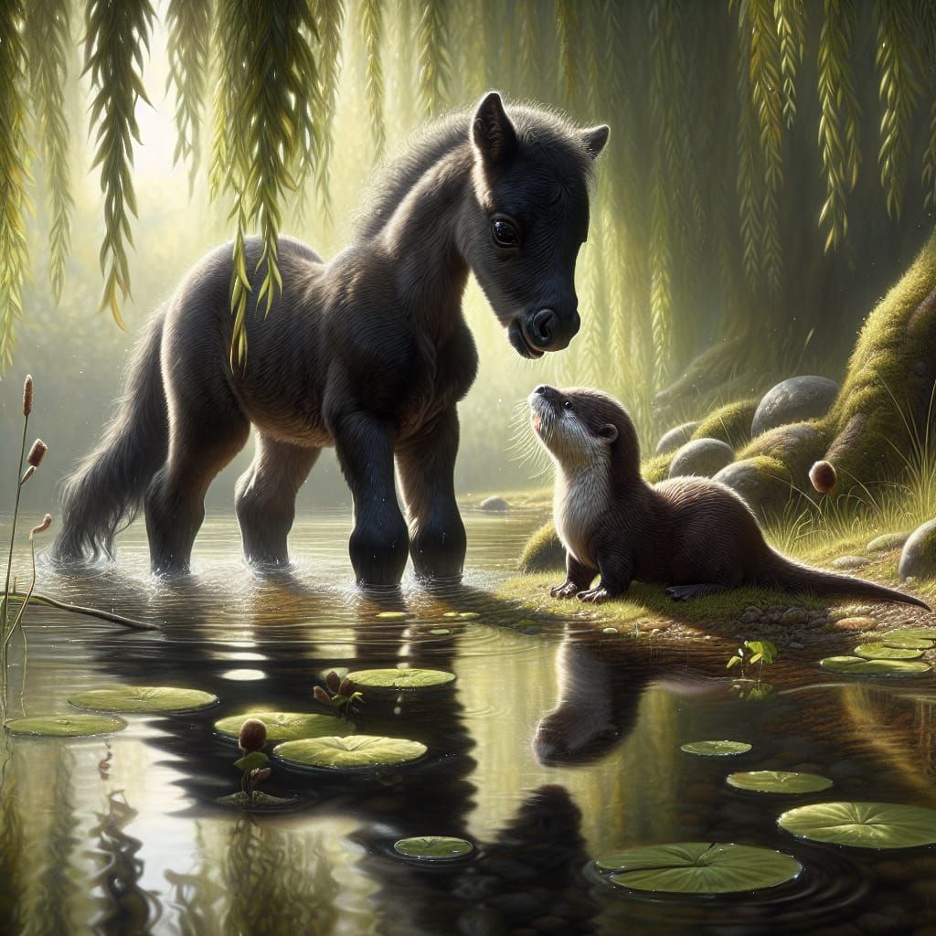 Baby Kelpie and Otter Play by Lake