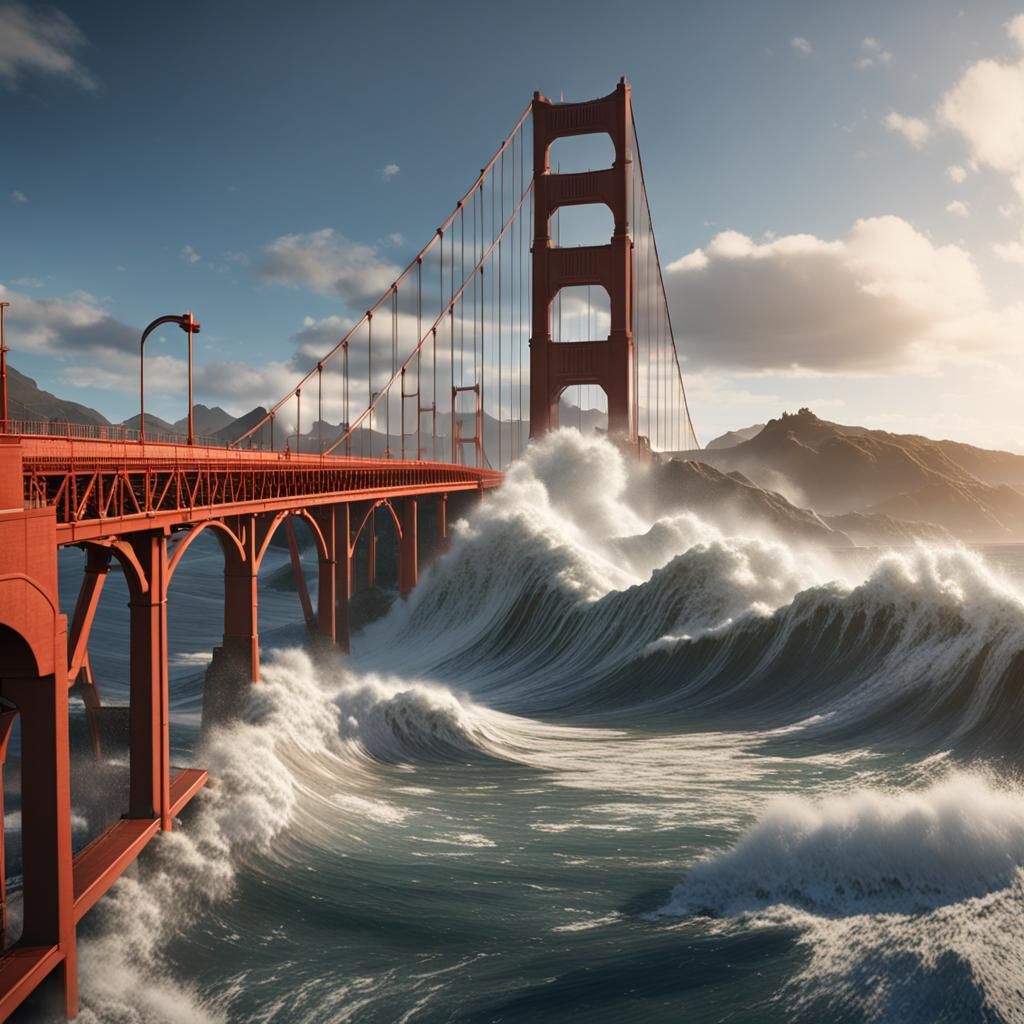 Tsunami Crashing Over Golden Gate Bridge in 3D