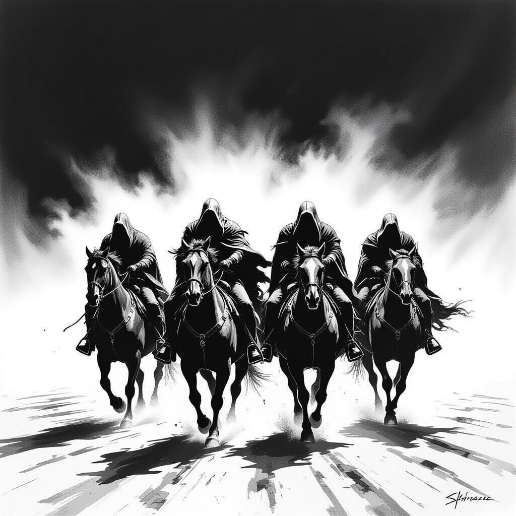 Apocalyptic Horsemen Galloping in Charcoal Sketch Style