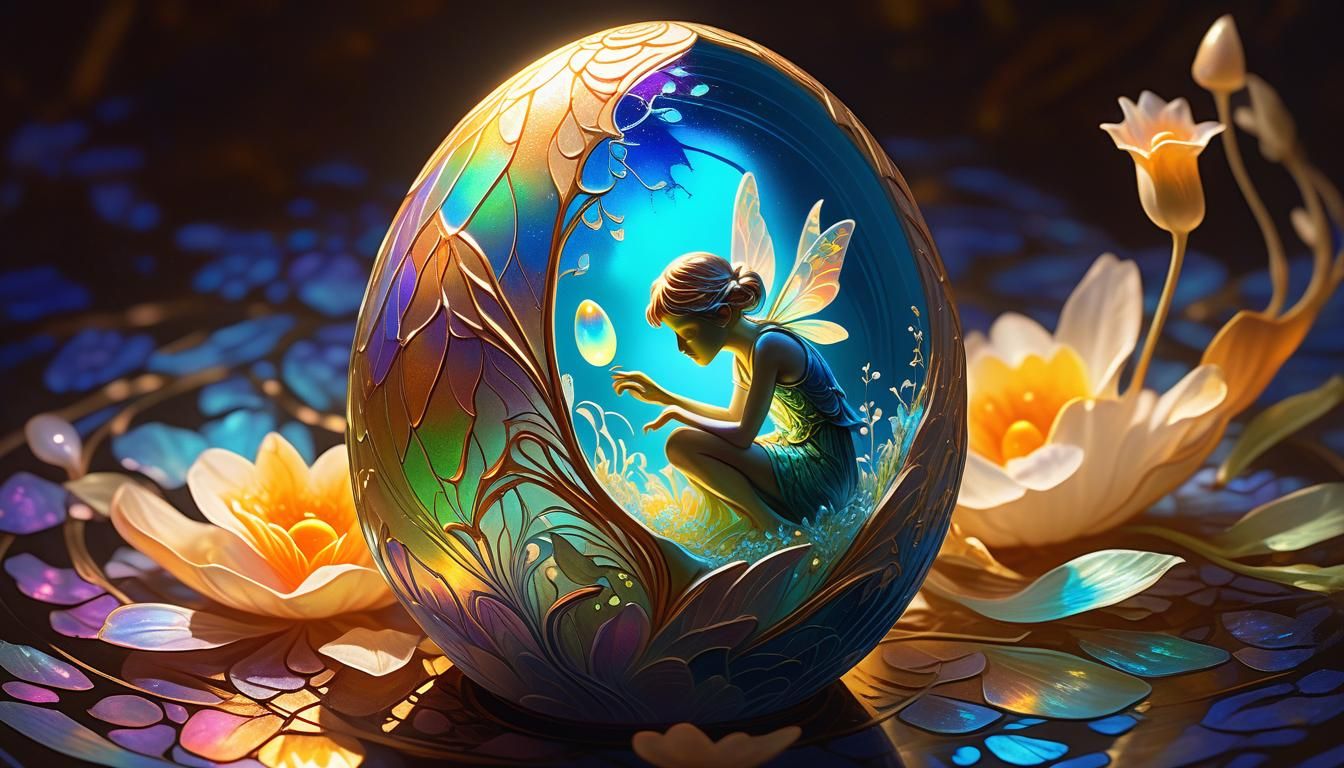 Fairy Emerges from Bioluminescent Egg: Art Nouveau