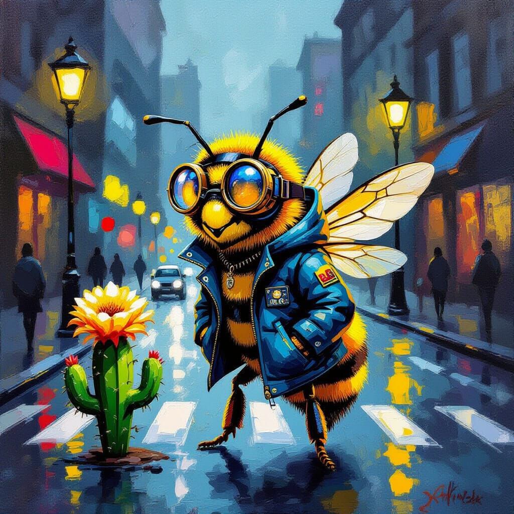 Anthropomorphic Bee Navigates City in Street Art Jacket