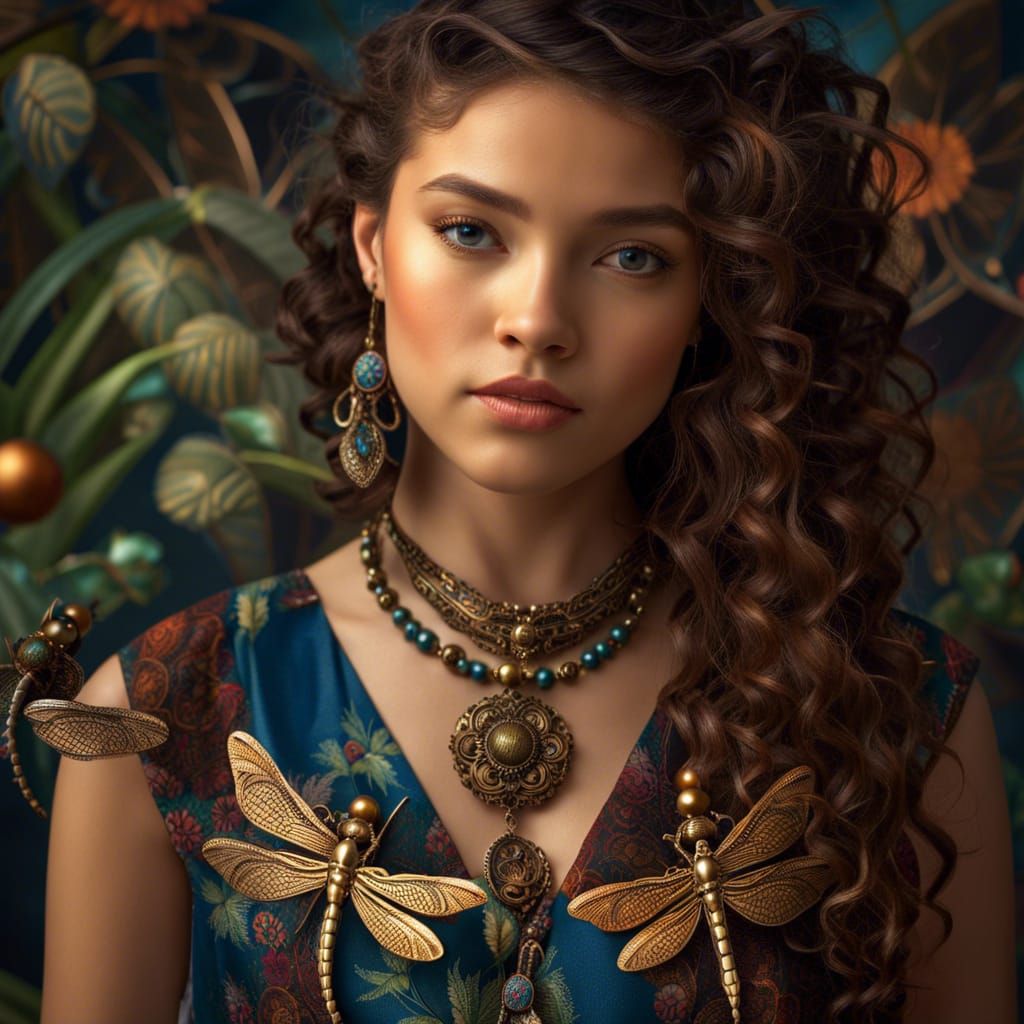 Girl in Dragonfly Dress: Hyperrealistic Bohemian Fashion