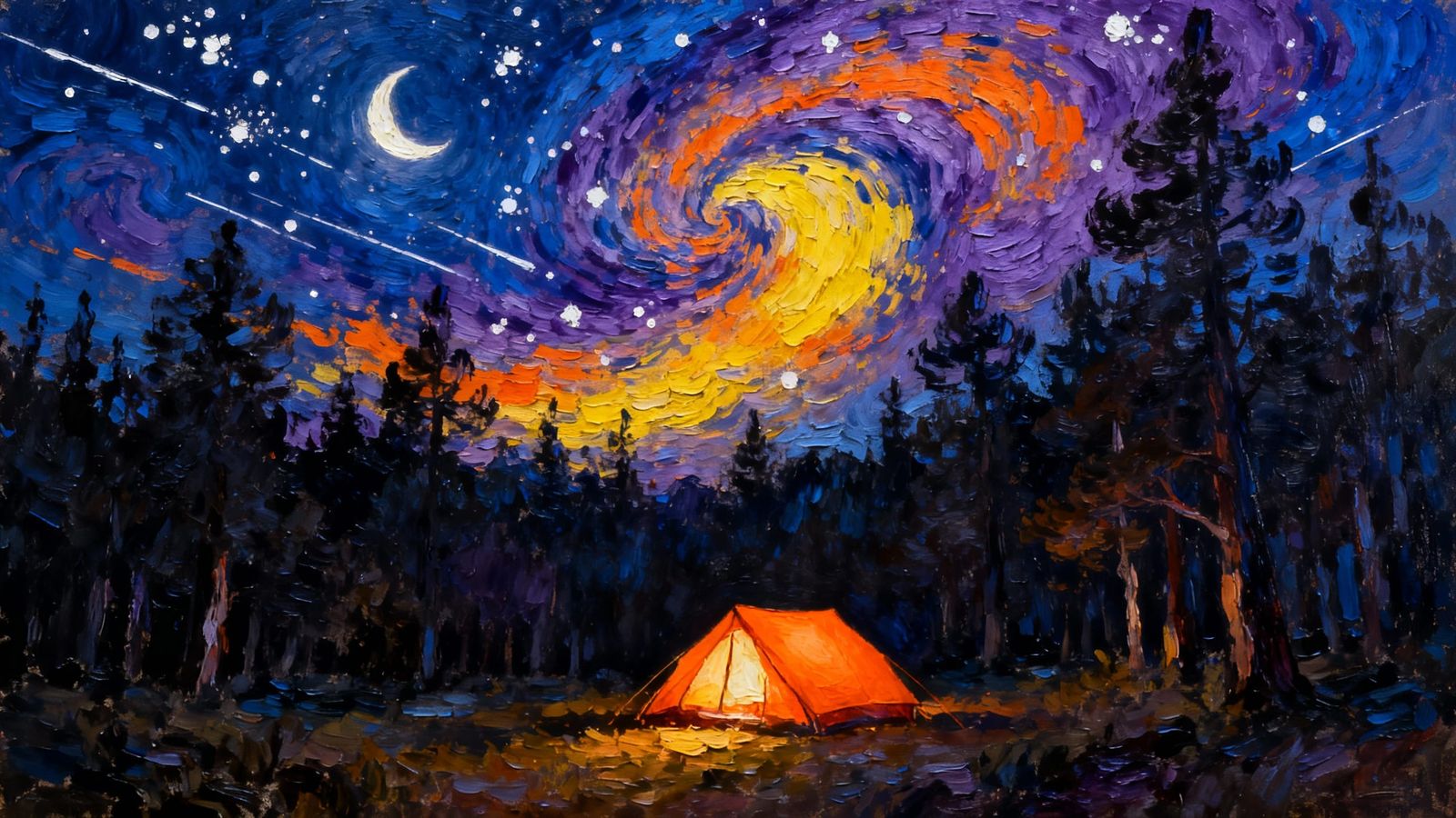Orange Tent in Dark Forest Under Abstract Night Sky