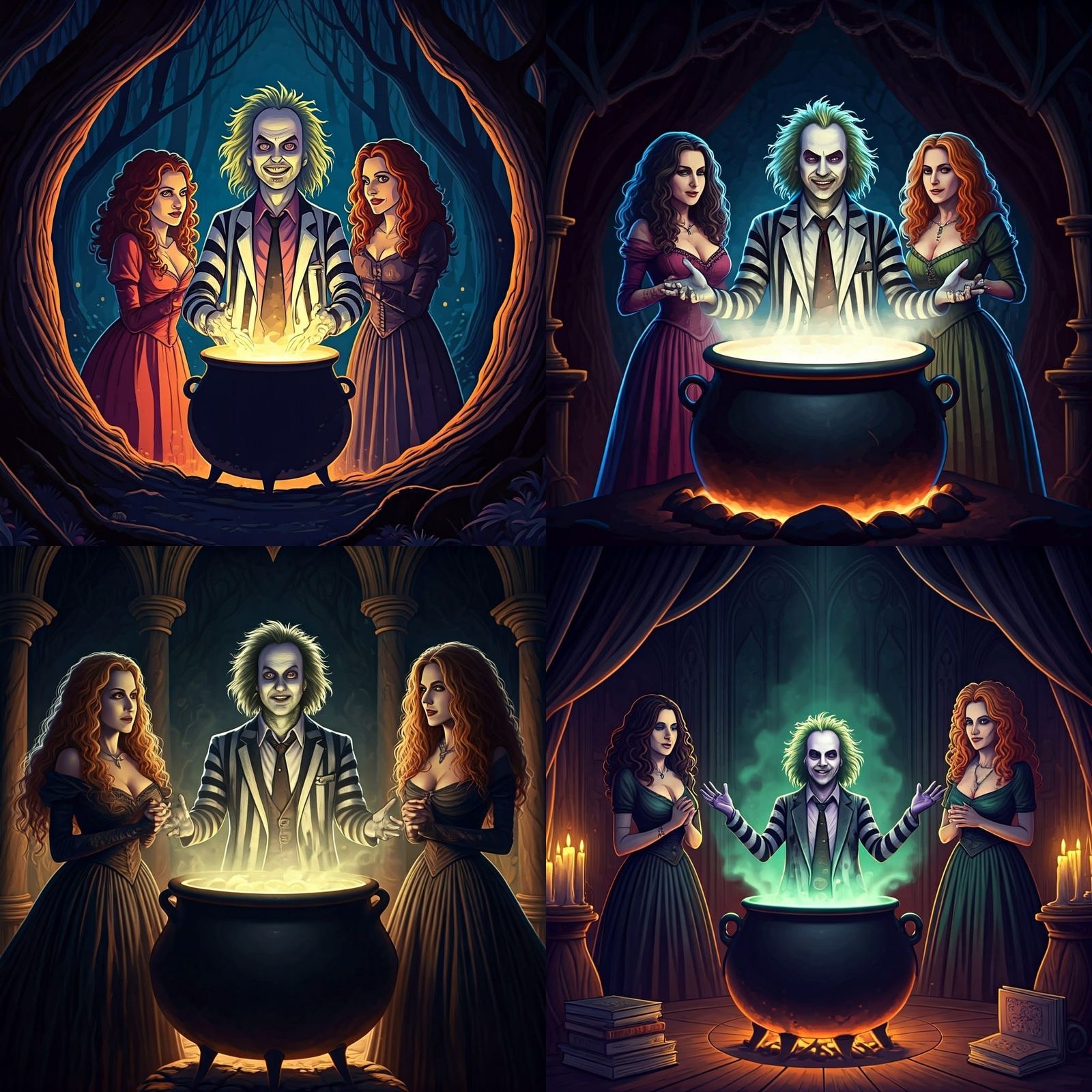 Sanderson Sisters Summoning Monster, Cel-Shaded Digital Art
