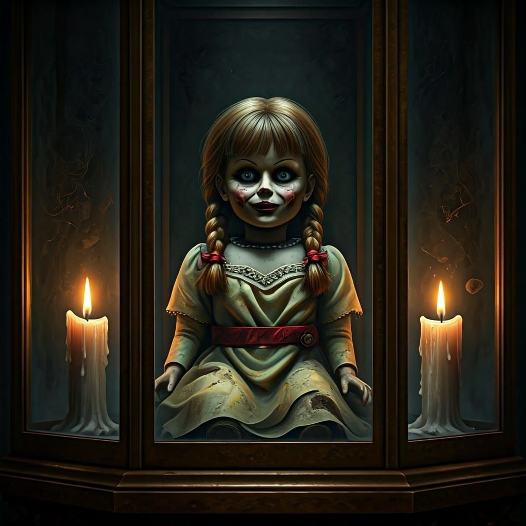 annabelle, the horror doll sitting in a glass display case