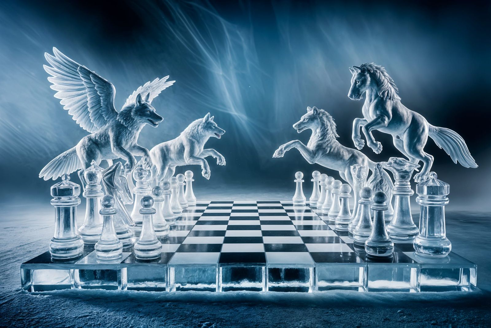 Elegant Ice Chessboard with Lifelike Animal Sculptures in a ...
