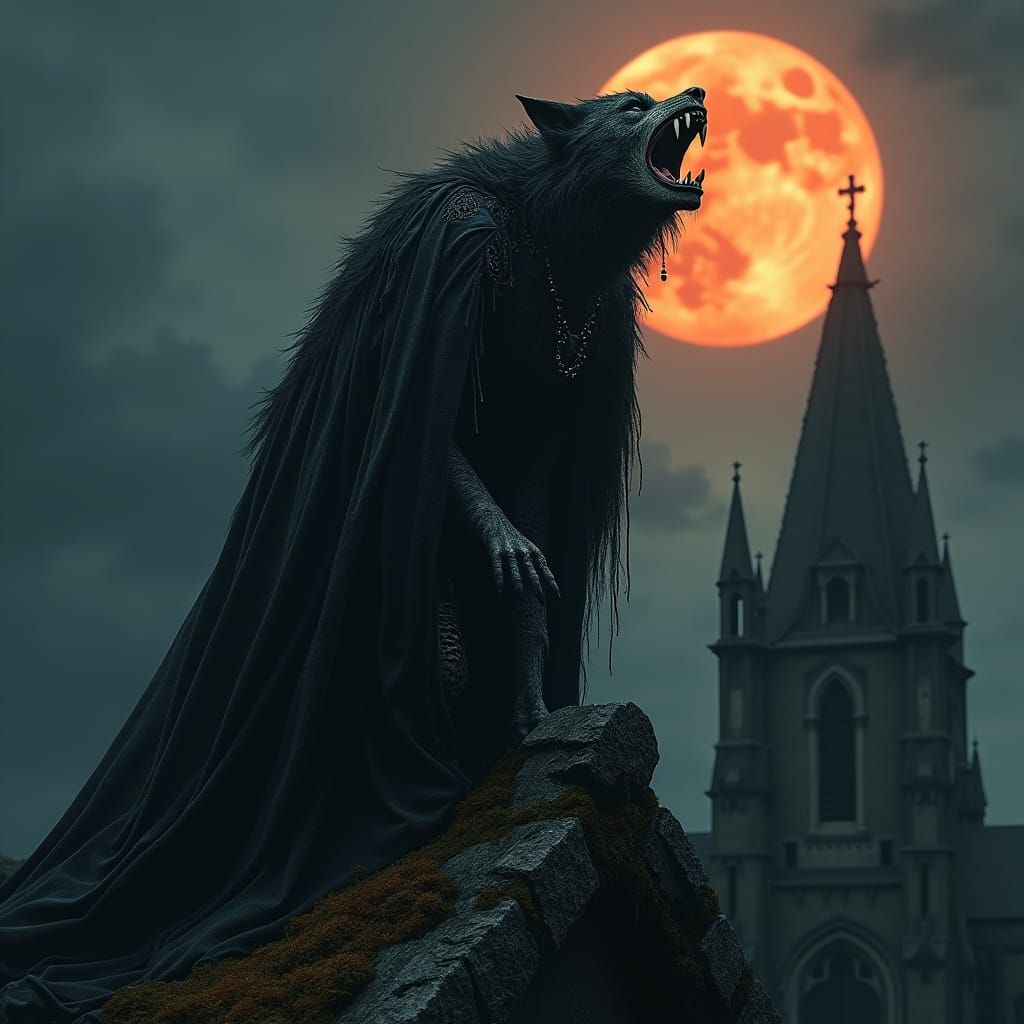 Gothic Werewolf Howling at Moon in Victorian Attire