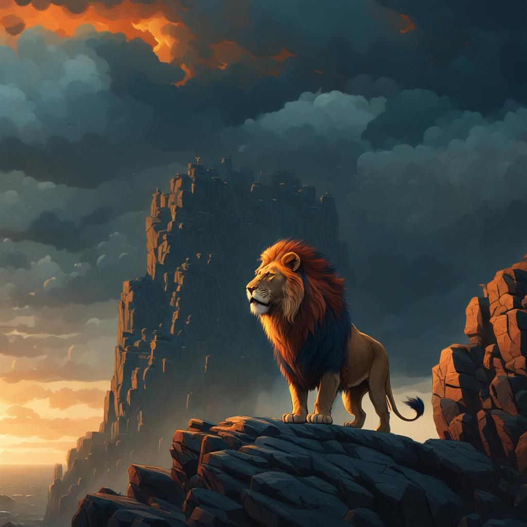 Lion Roaring at Stormy Sky in Cinematic Style