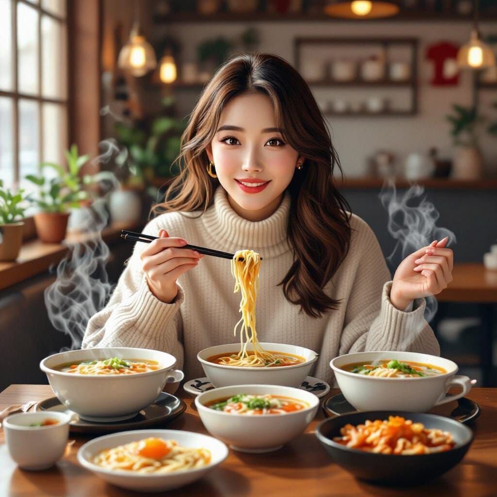 Woman Enjoys Meal in Cozy Digital Painting Style