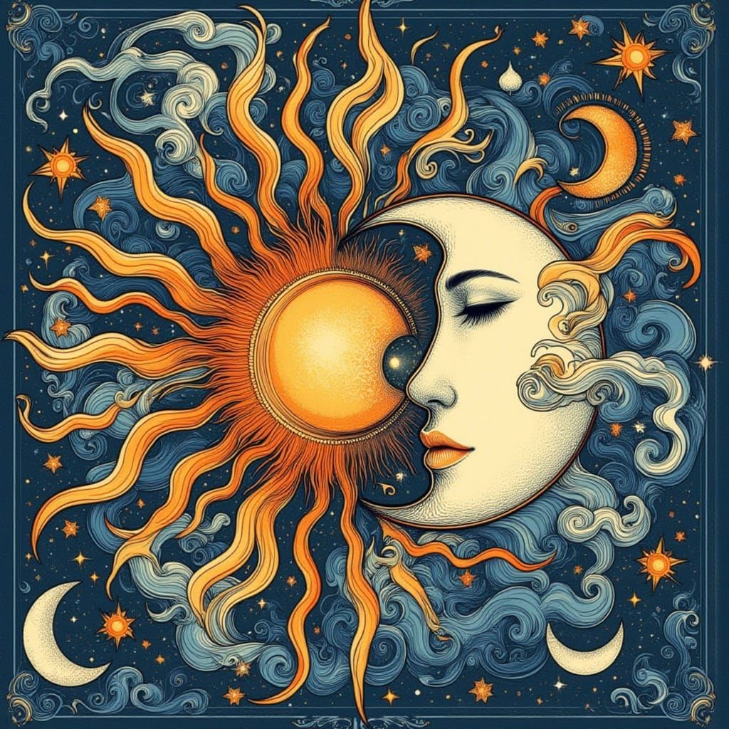 Entwined Sun and Moon in Neo Traditional Style