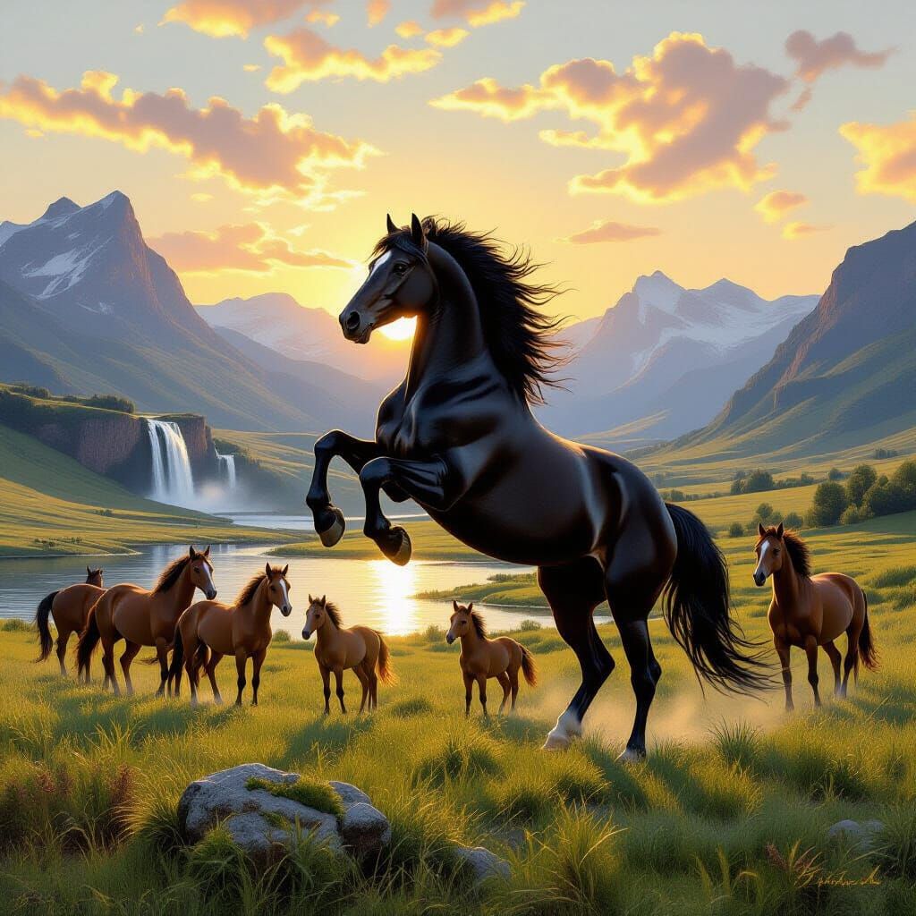 Majestic Black Stallion Leads Herd Across Ancient European G...