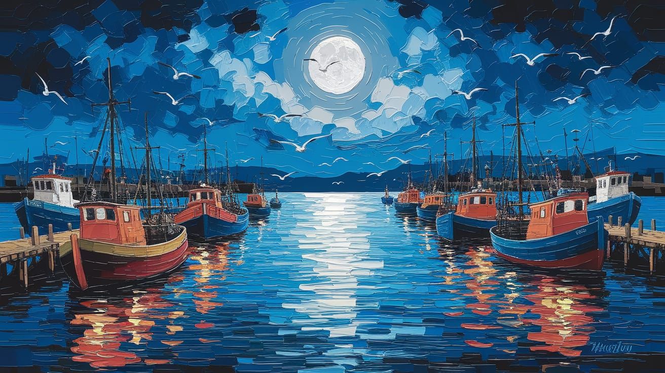 Midnight Harbour Painting in Impasto Style
