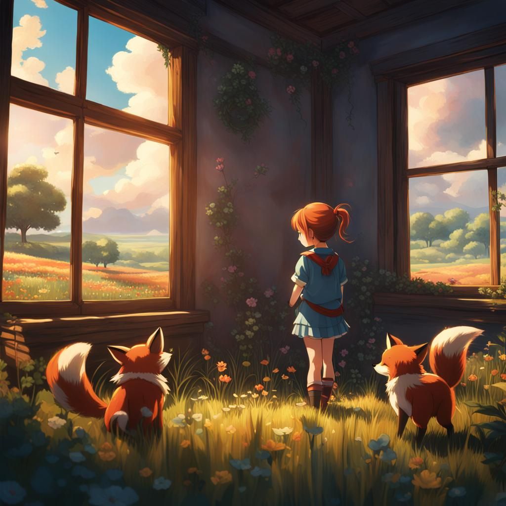 Anime Scene: Woman, Girl, Fox in Field