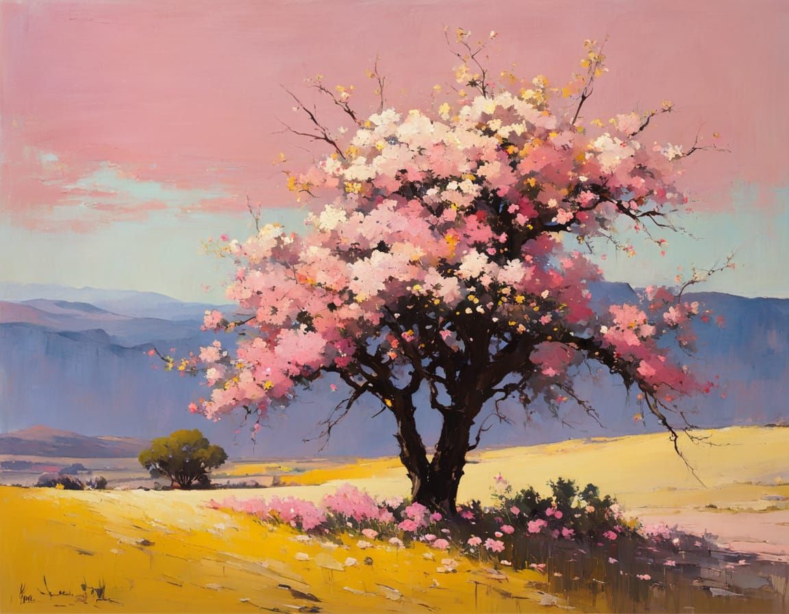 Desert Bloom: Vintage-Style Landscape Painting