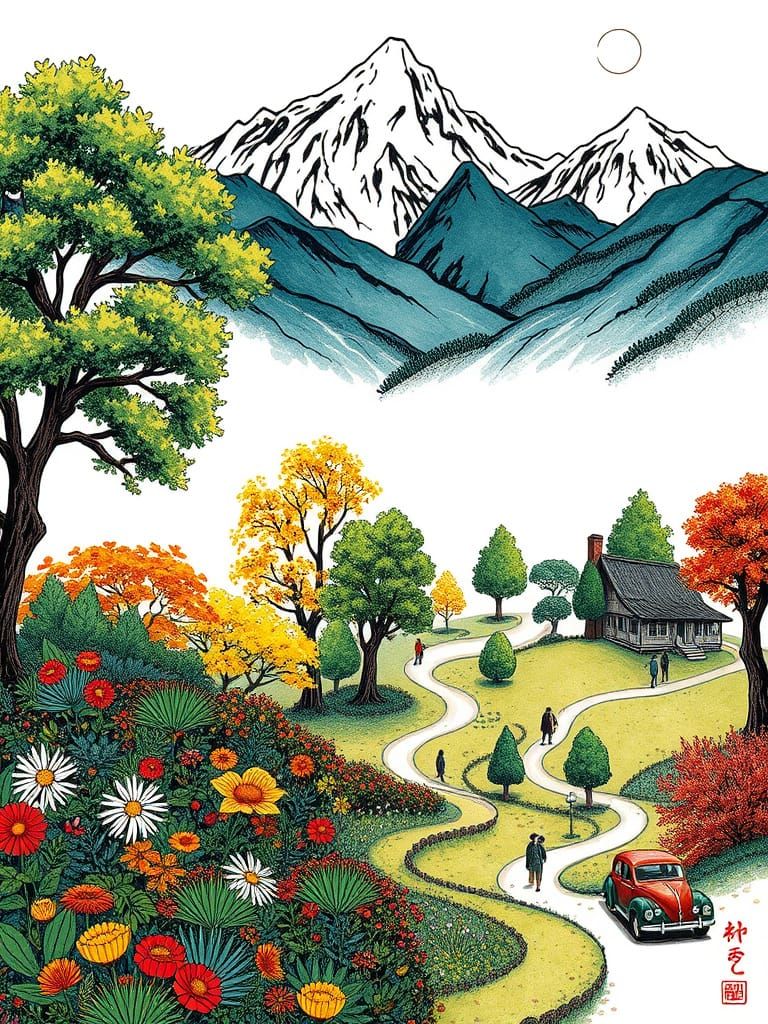 Whimsical Floral Garden Landscape in Post-Impressionist Styl...