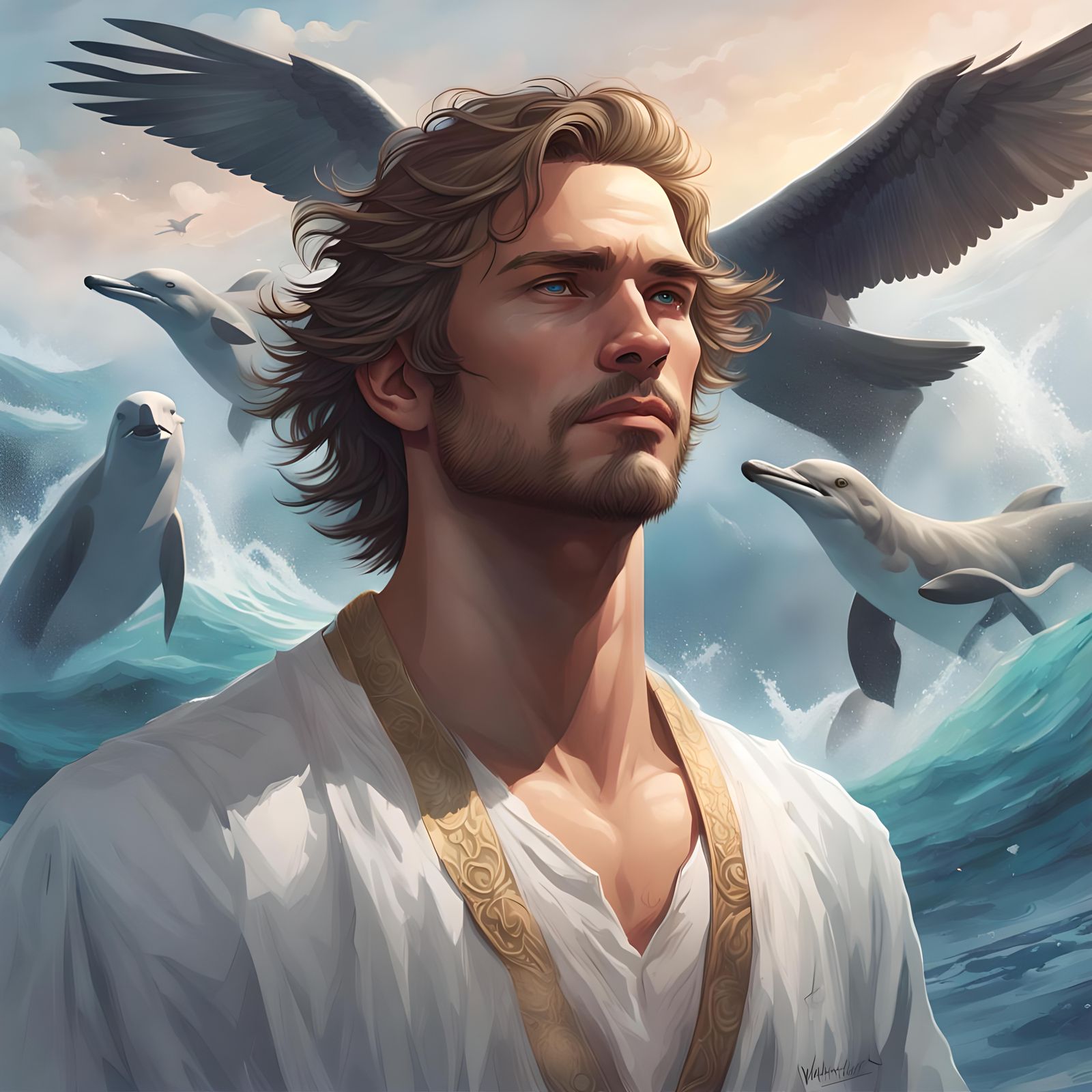 Divine Figure Above Water with Dolphins and Eagles