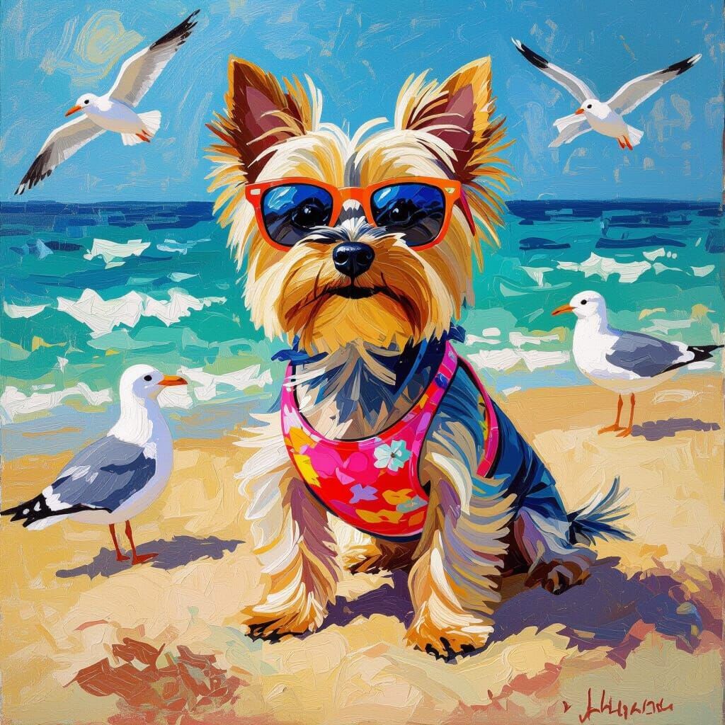 Yorkie Luly Plays on Beach in Van Gogh Style