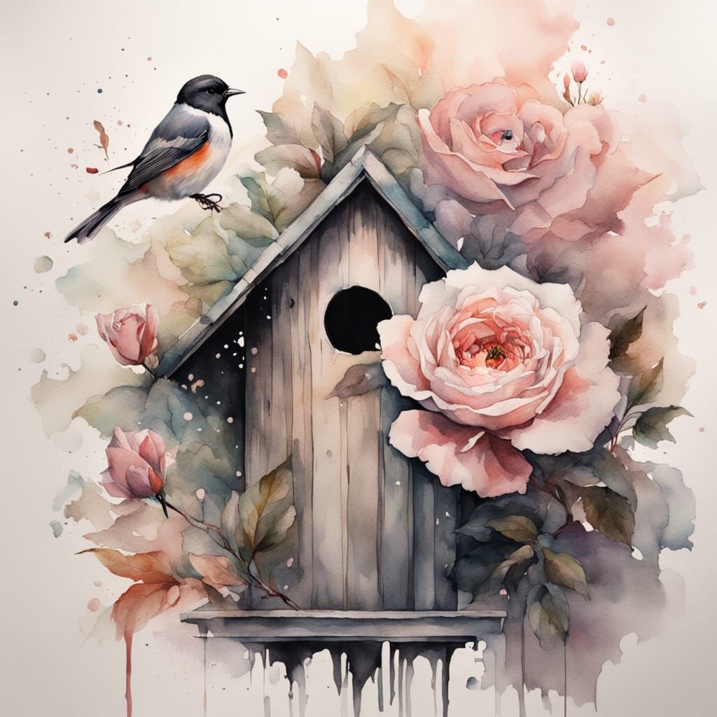 Birdhouse and Roses on a Stamp in Watercolor Style