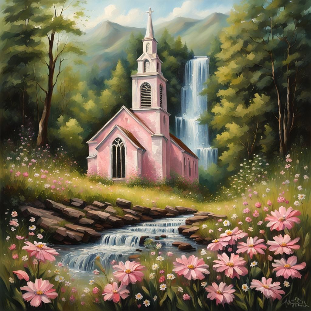 Detailed Stone Church with Flowers and Waterfall