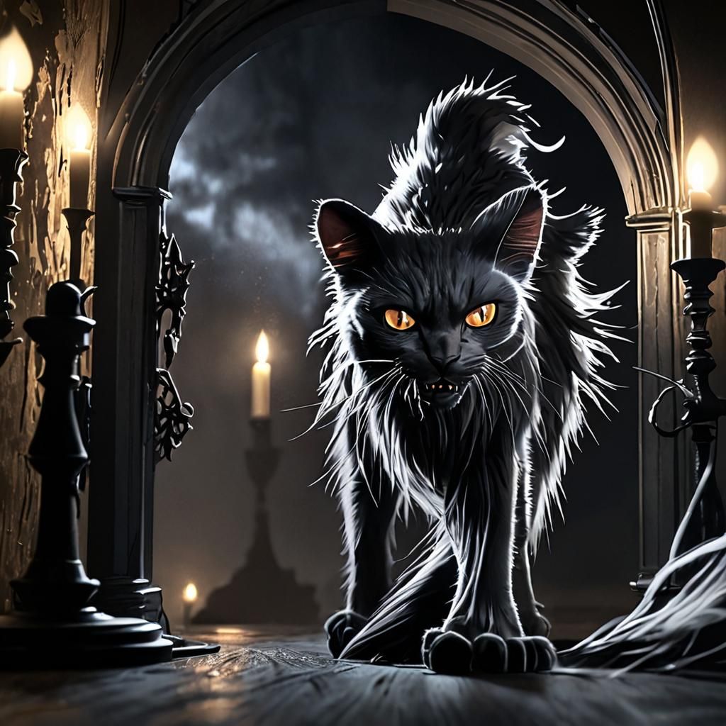 Spiky Haired Cat Confronts Ghost in Haunted House