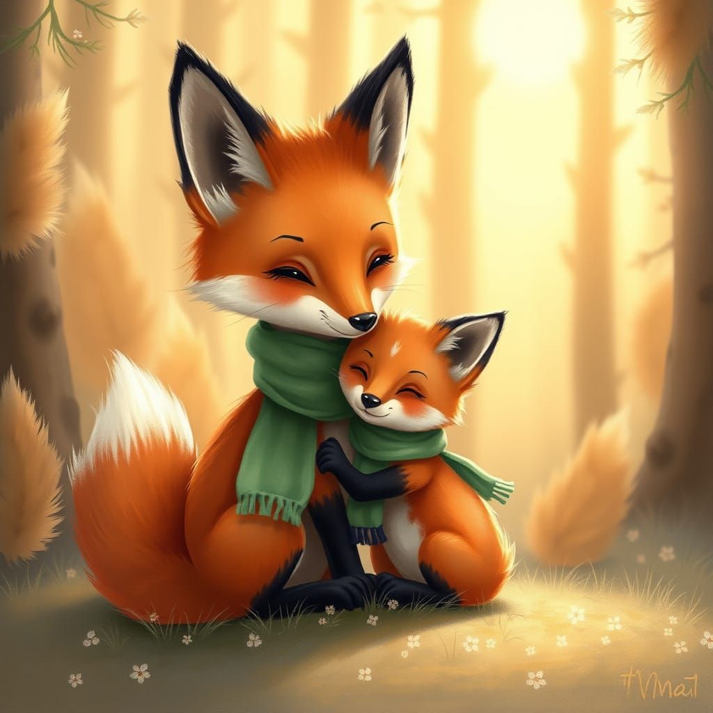 Anthropomorphic Fox Family in Whimsical Forest Setting