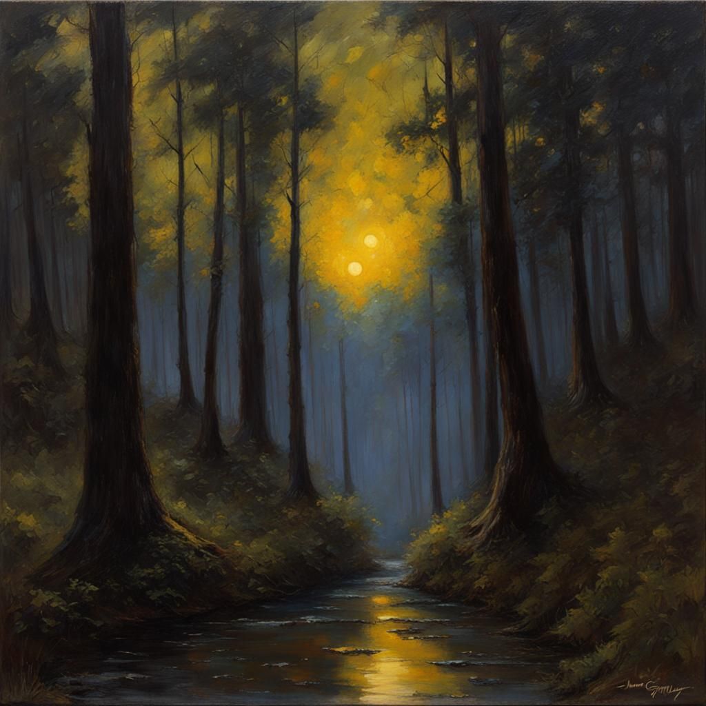 Sinister Shadows in Night Forest: Oil Painting