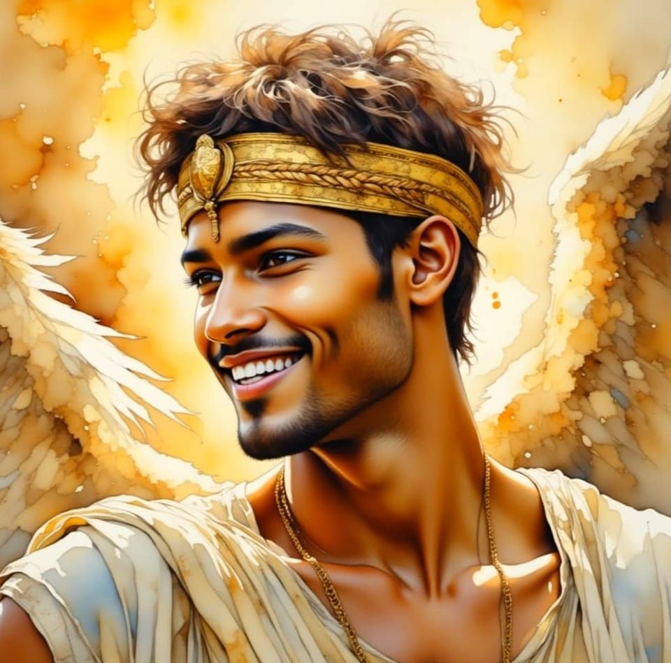 Golden God of Messengers in Dazzling Watercolour Style