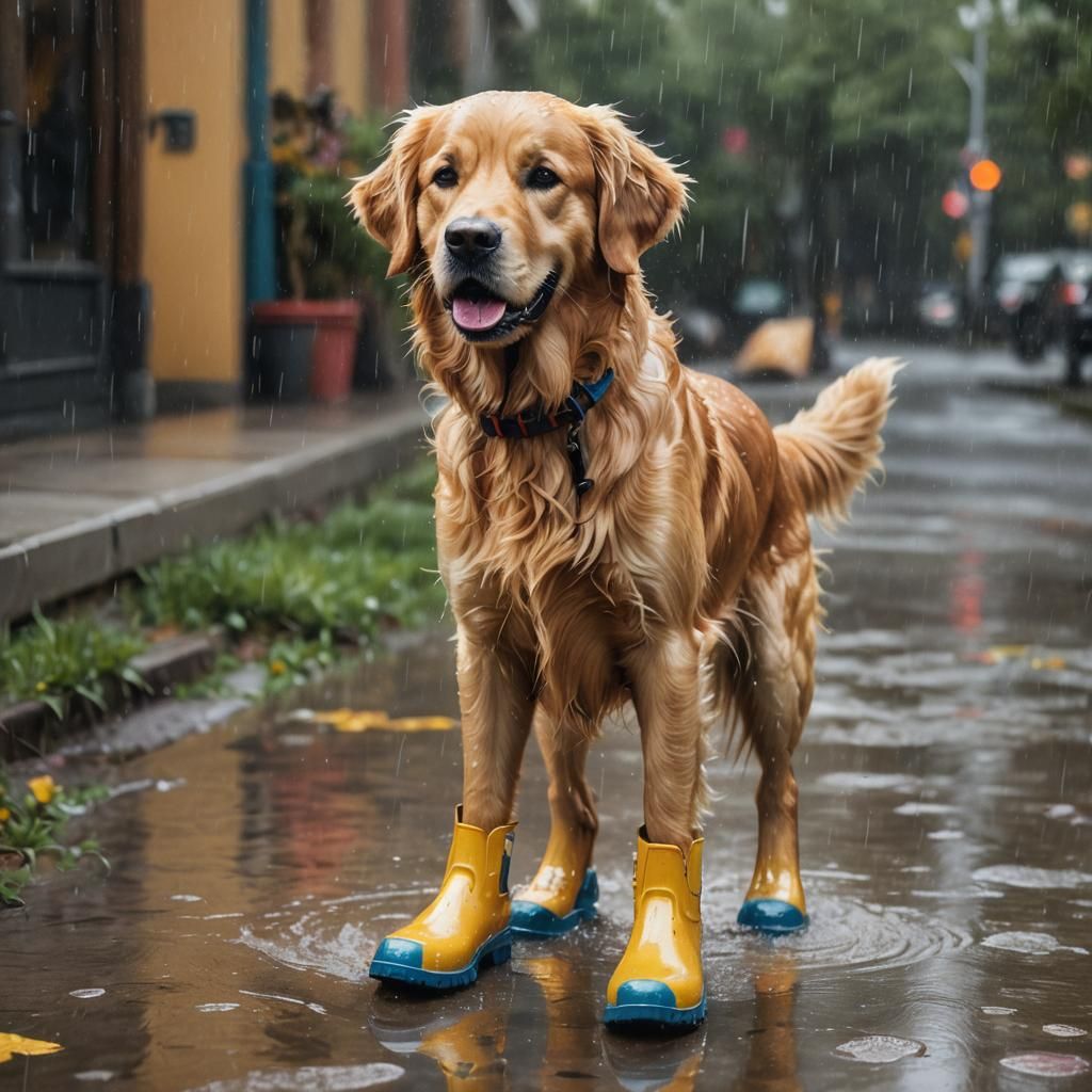 Golden Retriever in Rain Boots: Hyperrealistic Art