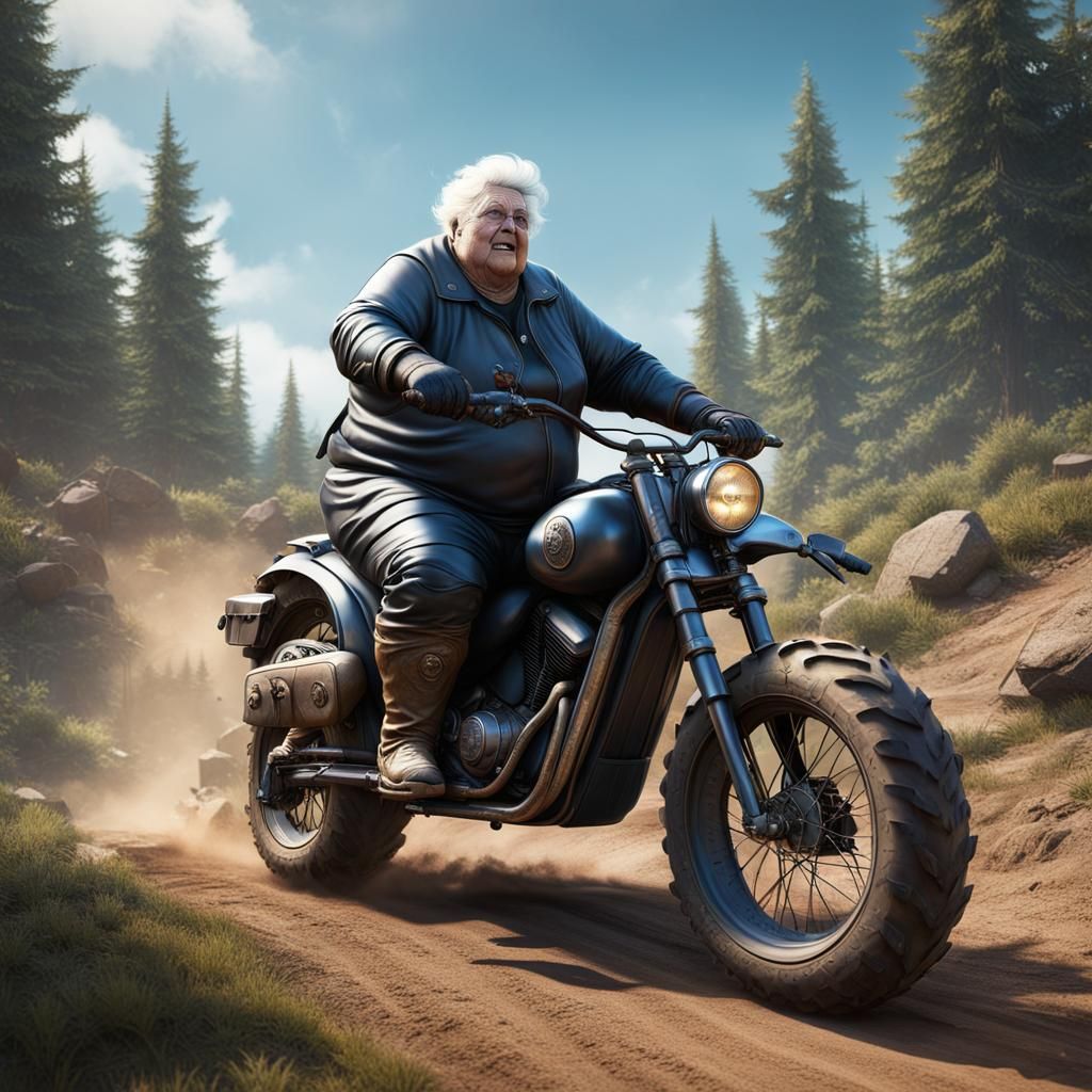 Granny Motorcycle Stunt Rider in Detailed Matte Painting