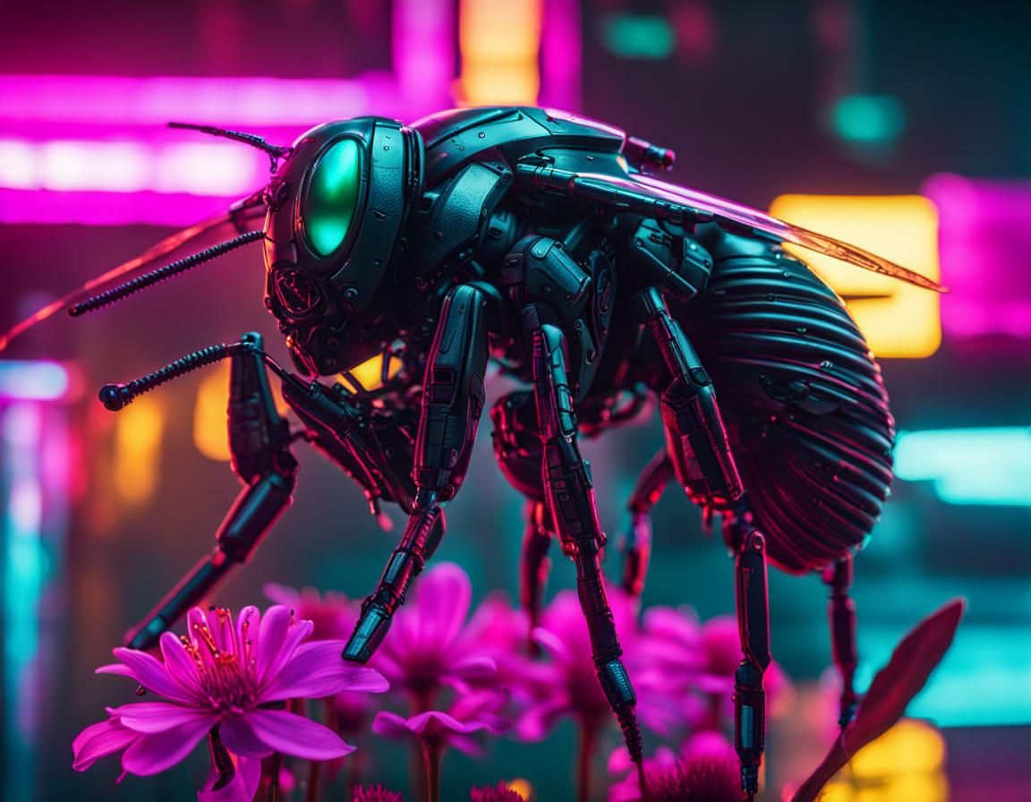 Hornets and Flowers in Cyberpunk Style
